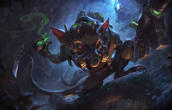 Knife, cave, rat, respirator, League of Legends, Riot Games, Teemo, Rudy Siswanto