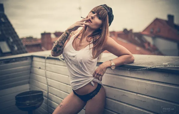 Roof, girl, pose, panties, watch, Mike, figure, tattoo