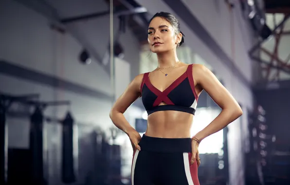 Wallpaper women, gyms, gym clothes, yoga pants, Vanessa Hudgens, sports bra, sweat, actress