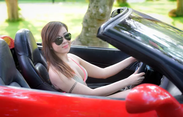 Picture summer, look, girl, face, glasses, Asian, car