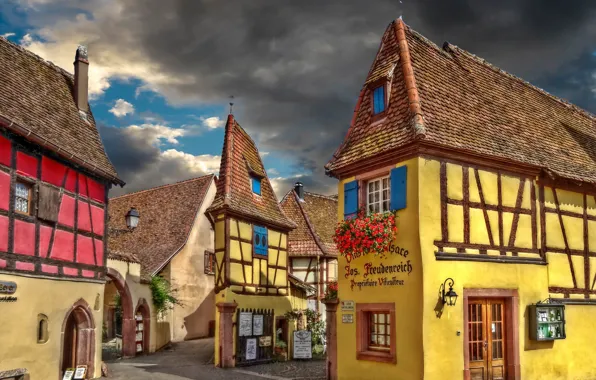 House, street, France, village, Eguisheim