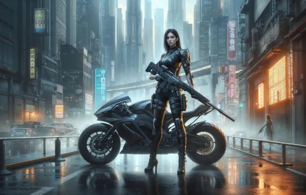 City, girl, fantasy, bike, weapon