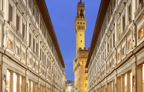 Picture lights, tower, Italy, evening, Florence, buildings, Tuscany, The Palazzo Vecchio