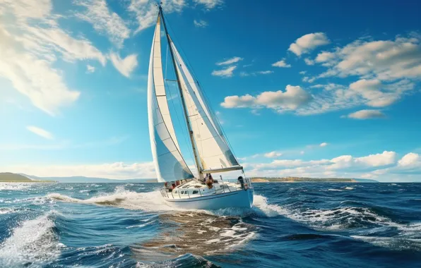 Sea, wave, the sky, water, clouds, blue, boat, sail