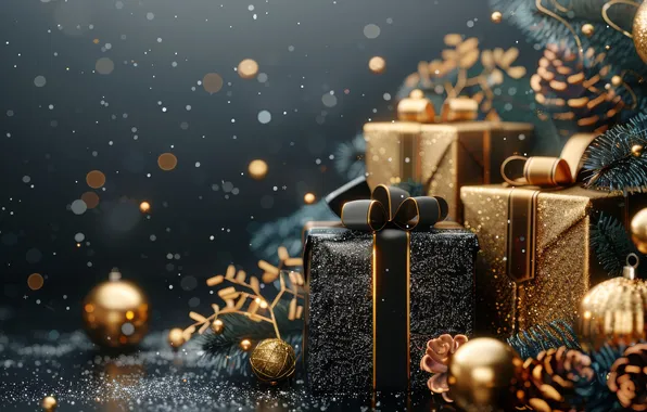 Balls, lights, the dark background, Christmas, gifts, New year, gold plated, gold