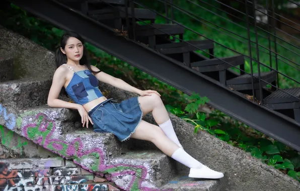 Look, pose, graffiti, model, skirt, portrait, makeup, figure