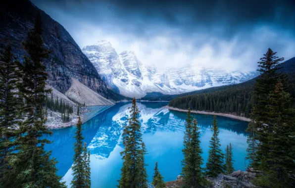 Ice, trees, winter, mountains, lake
