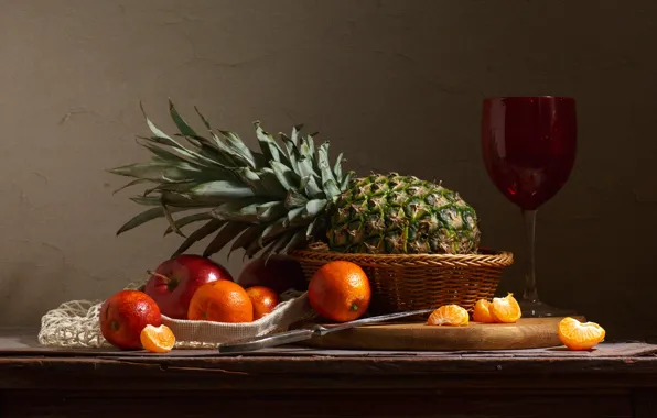 Table, wine, apples, glass, knife, fruit, pineapple, still life