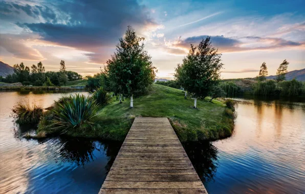 Picture Nature, sky, trees, landscape, bridge, clouds, lake, pier