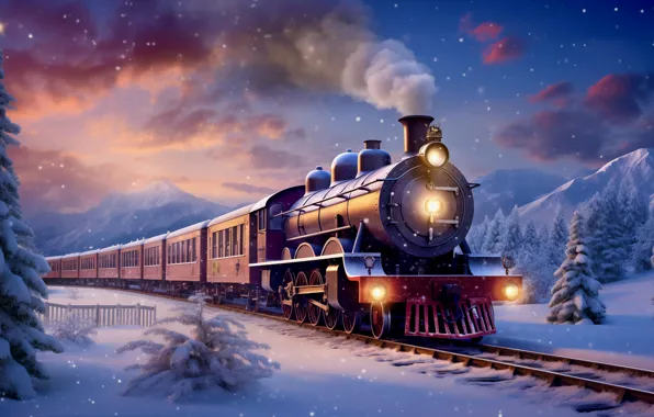 Winter, snow, train, the engine, Christmas, railroad, New year, AI art