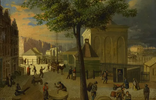 Picture trees, oil, picture, the urban landscape, Market Grinding Stones in Amsterdam