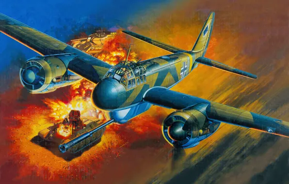 The sky, fire, war, gun, attack, Art, T-34, German