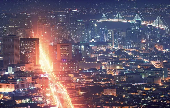 Light, night, bridge, the city, lights, street, building, home