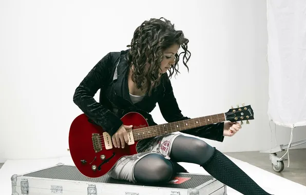 Picture RED, GUITAR, MUSIC, STOCKINGS, BROWN hair, TOOL, KNEE