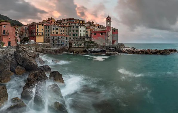 Picture sea, clouds, rocks, tower, home, Italy, Liguria, Tellaro
