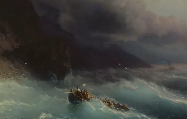 Storm, boat, picture, seascape, Ivan Aivazovsky, 1873, Storm on the Black Sea