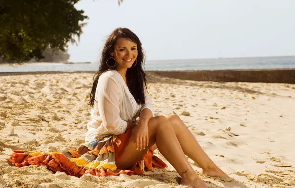 Picture sand, girl, smile, shore, skirt, actress, brunette, blouse