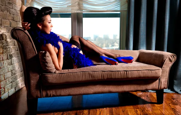 Girl, pose, sofa, stockings, window, shoes, hairstyle, boa