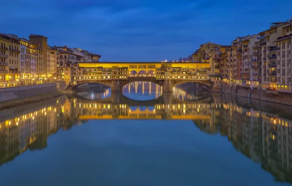 Lights, river, Italy, Florence, Old Bridge, Arno