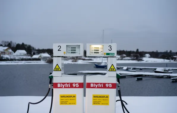 Winter, snow, village, boat, dock, gas pumps