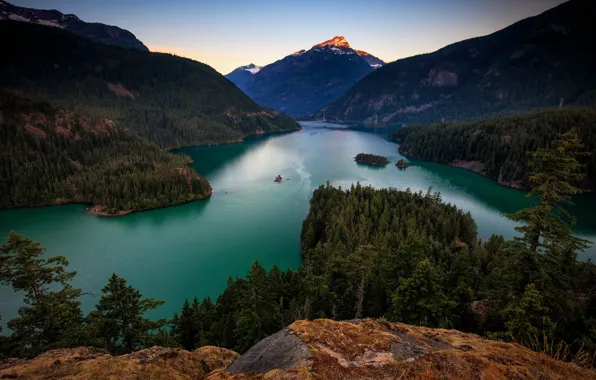 Forest, mountains, lake, shore, view, pond