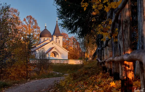 Picture autumn, landscape, sunset, village, the fence, Church, Tula oblast, Ilya Garbuzov