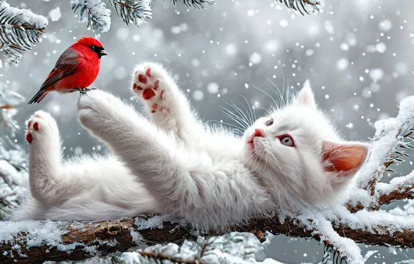Winter, White, Kitty, Cat, Bullfinch, White cat, AI art, Neural network