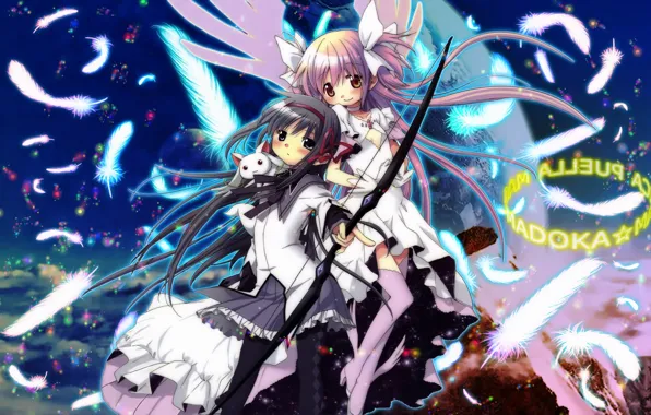 Picture wings, feathers, dress, bow, form, mahou shoujo madoka magica, homura akemi, madoka kaname