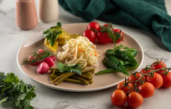 Greens, vegetables, cabbage, tomatoes, radishes