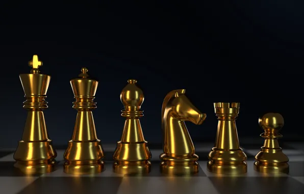 The dark background, rendering, chess, gold, chess Board, chess pieces, gold plated, in a row