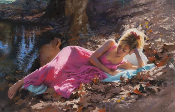 Girl, dress, art, barefoot, leaves, painting, artist, blonde