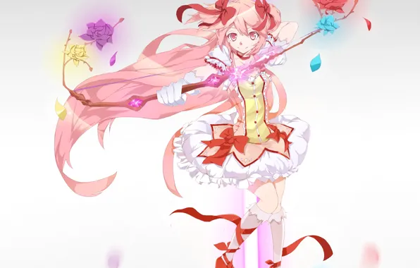 Picture girl, flowers, tape, weapons, roses, anime, petals, bow