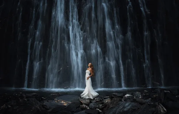 Picture girl, nature, waterfall