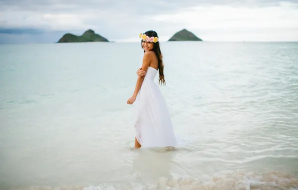 Beach, smile, horizon, the bride, hair, wedding dress, Islands, a crown of flowers