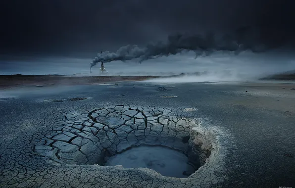 Nature, smoke, tower, twilight, dry lake