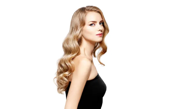 Look, portrait, makeup, hairstyle, blonde, white background, beauty, curls