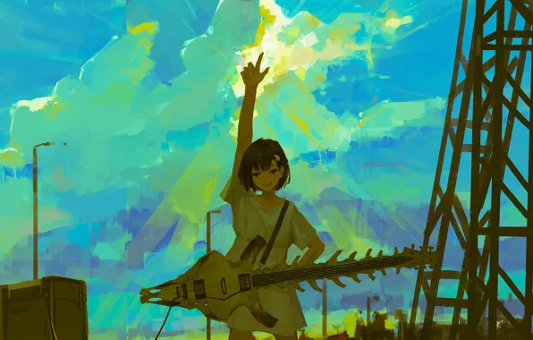 The sky, girl, guitar, skeleton, by XilmO