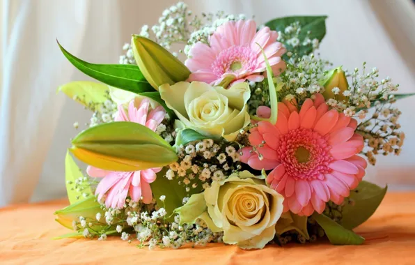 Flower, flowers, rose, bouquet, gerbera