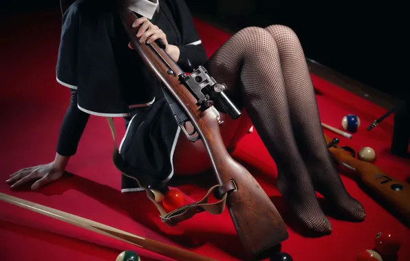 Girl, weapons, Billiards, rifle