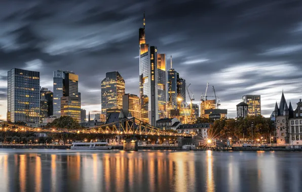 The sky, clouds, bridge, the city, lights, shore, building, tower