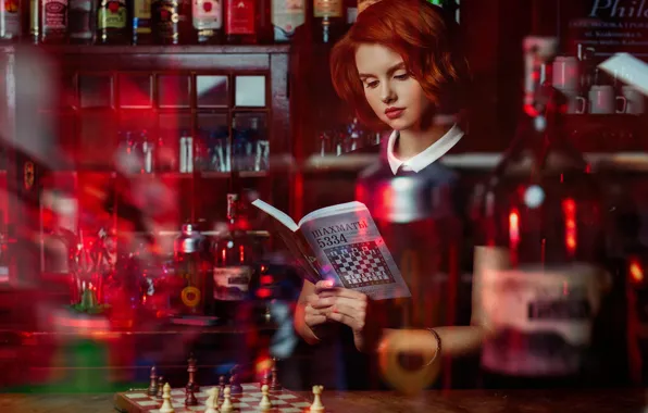 Picture girl, chess, book, bottle, red, redhead, tutorial, Janusz Żołnierczyk