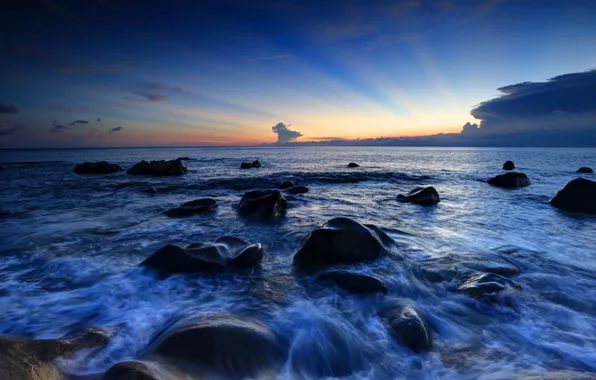 The sky, water, landscape, sunset, nature, stones, the evening