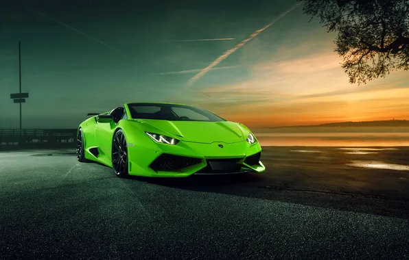 Sunset, green, Lamborghini, Huracan, Lamborghini Huracan