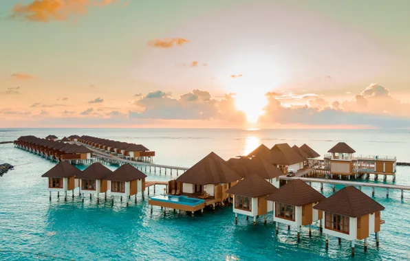Sea, the sun, dawn, stay, view, morning, houses, The Maldives