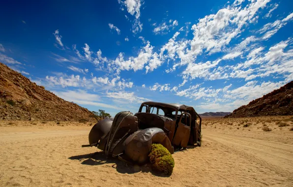 Road, the sky, the skeleton, Namibia, Namibia, old cars