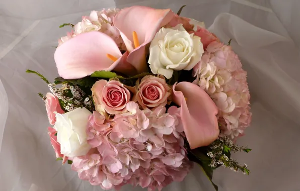 Picture flower, flowers, roses, bouquet, pink, white, Calla lilies