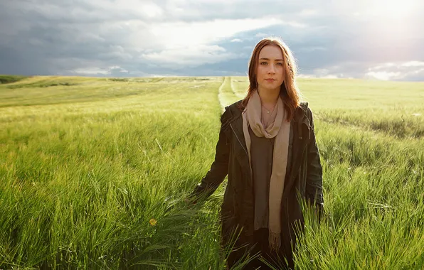 Picture field, the sky, grass, girl, actress, blonde, Ireland, Saoirse Ronan