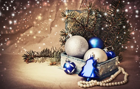 Picture winter, balls, branches, box, toys, spruce, New Year, Christmas