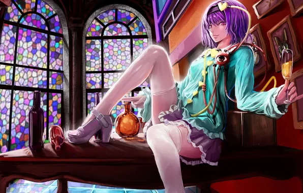 Picture girl, eyes, glass, Windows, stockings, art, stained glass, bottle
