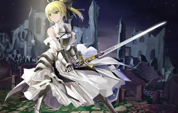 Picture girl, night, sword, art, ruins, saber, fate stay night, armor
